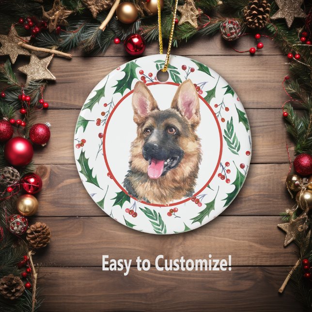 German Shepherd Dog Red Berry Holly Border Ceramic Tree Decoration (Creator Uploaded)