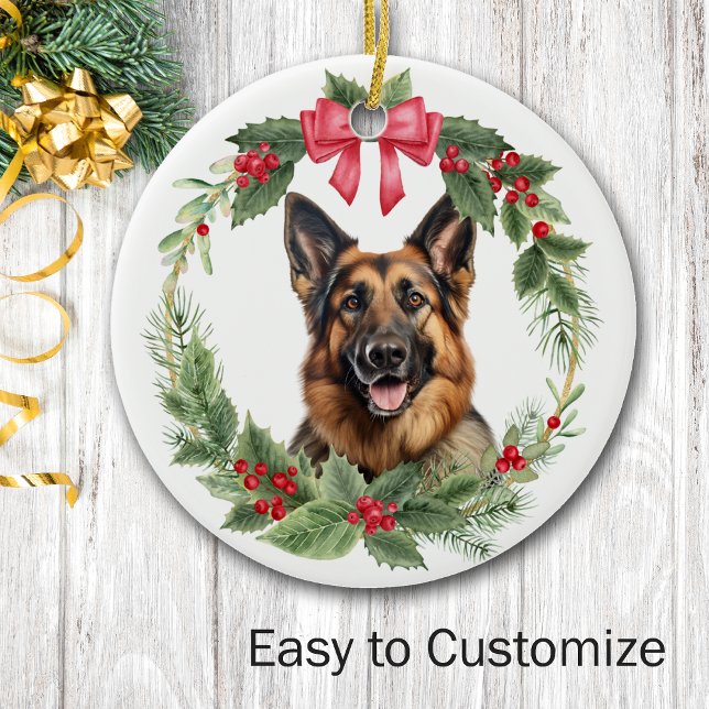 German Shepherd Dog Red Bow Holly Wreath Ceramic Tree Decoration (Creator Uploaded)