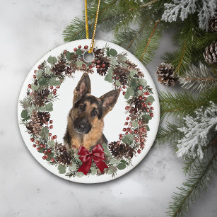 German Shepherd Dog Red Bow Pinecone Wreath Ceramic Tree Decoration