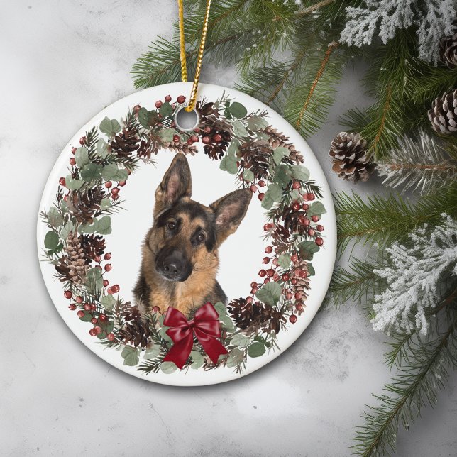 German Shepherd Dog Red Bow Pinecone Wreath Ceramic Tree Decoration (Creator Uploaded)