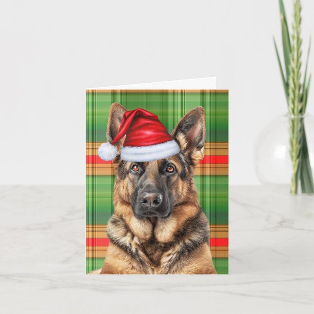 German Shepherd Dog Red Green Plaid Christmas Holiday Card (Front)