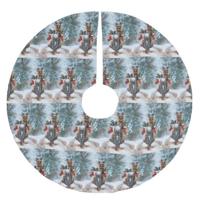 German Shepherd Dog Riding Motorcycle Christmas  Brushed Polyester Tree Skirt (Front)