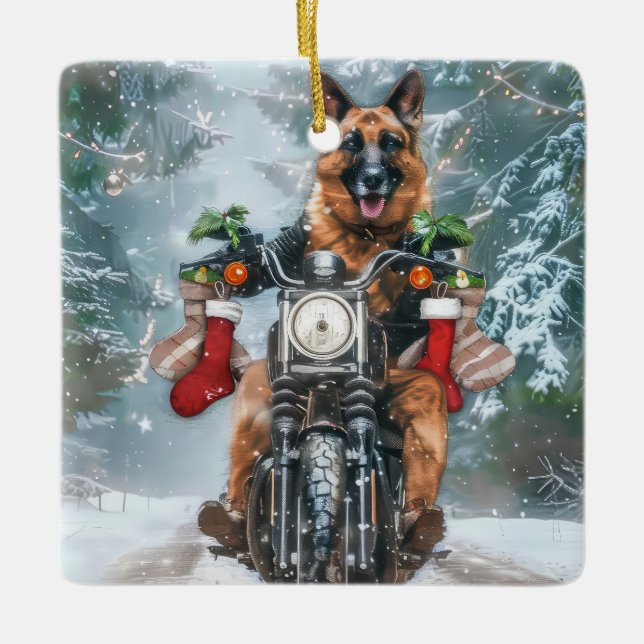 German Shepherd Dog Riding Motorcycle Christmas  Ceramic Ornament (Front)
