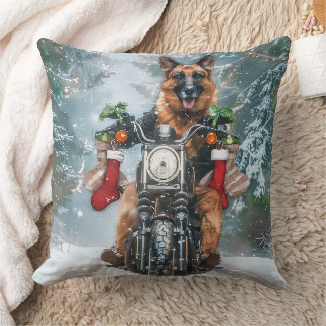 German Shepherd Dog Riding Motorcycle Christmas  Cushion (Blanket)