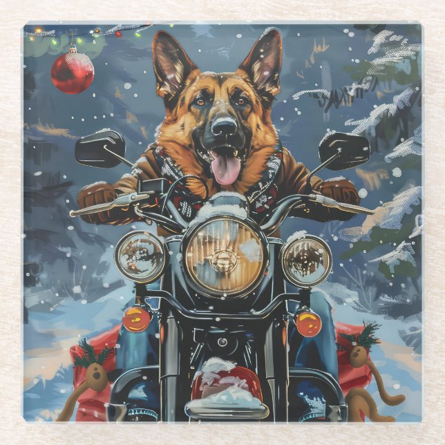 German Shepherd Dog Riding Motorcycle Christmas Glass Coaster (Front)