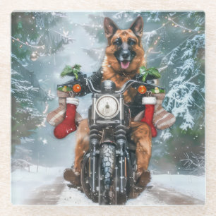 German Shepherd Dog Riding Motorcycle Christmas  Glass Coaster