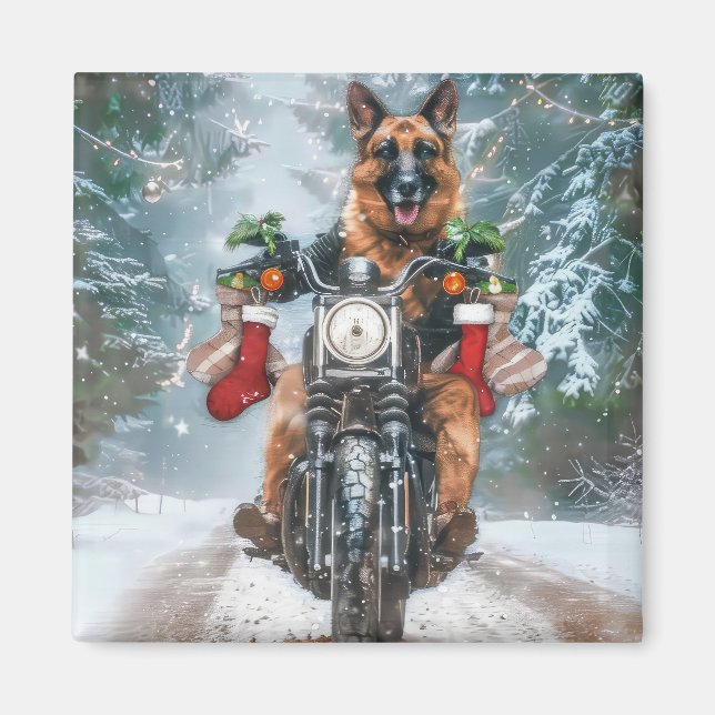 German Shepherd Dog Riding Motorcycle Christmas  Magnet (Front)