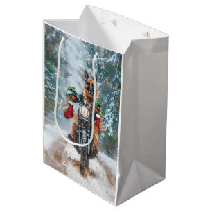 German Shepherd Dog Riding Motorcycle Christmas Medium Gift Bag