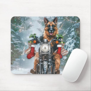 German Shepherd Dog Riding Motorcycle Christmas  Mouse Pad