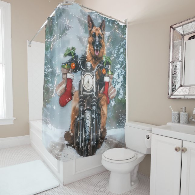 German Shepherd Dog Riding Motorcycle Christmas  Shower Curtain (In Situ)