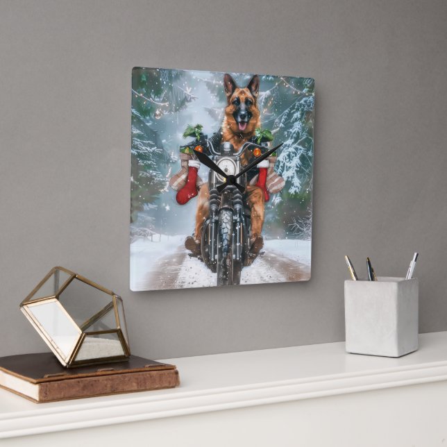 German Shepherd Dog Riding Motorcycle Christmas  Square Wall Clock (Office)