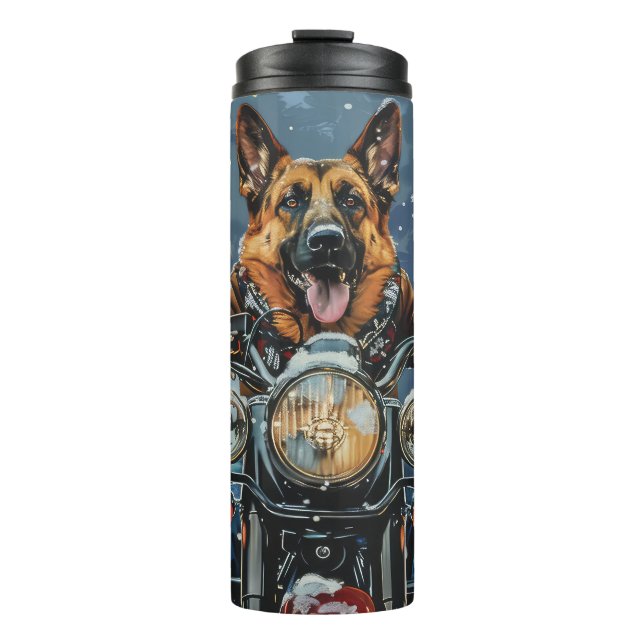 German Shepherd Dog Riding Motorcycle Christmas Thermal Tumbler (Front)