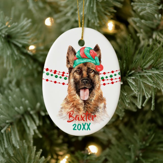 German Shepherd Dog Santa Hat Holiday String Beads Ceramic Tree Decoration (Tree)