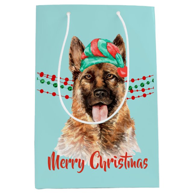 German Shepherd Dog Santa Hat Holiday String Beads Medium Gift Bag (Front)