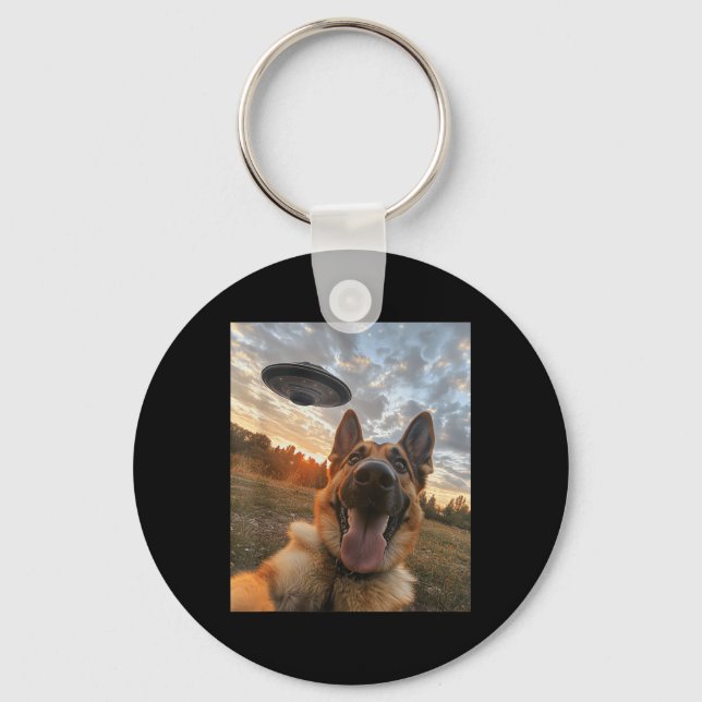 German Shepherd Dog Selfie With Ufos Aliens Funny  Key Ring (Front)