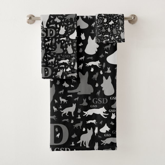 German Shepherd Dog Silhouettes -Grayscale Bath Towel Set (Insitu)