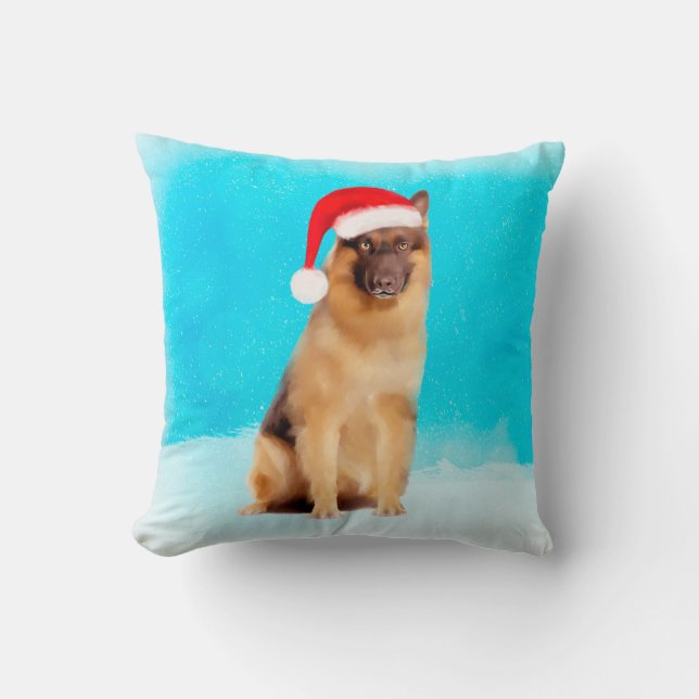German Shepherd Dog  Sitting In Snow Santa Hat Cushion (Front)