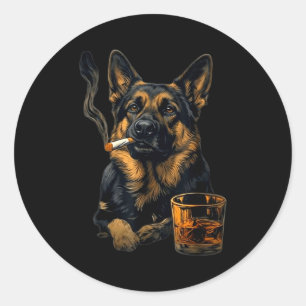 German Shepherd Dog Smoking Cigarette Whisky Lover Classic Round Sticker