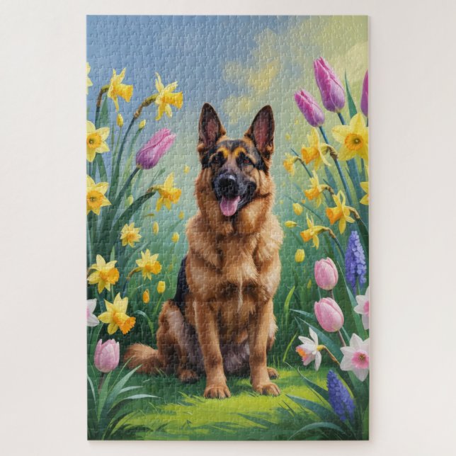 German Shepherd Dog Spring Flowers Painting  Jigsaw Puzzle (Vertical)