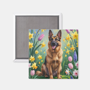 German Shepherd Dog Spring Flowers Painting Magnet