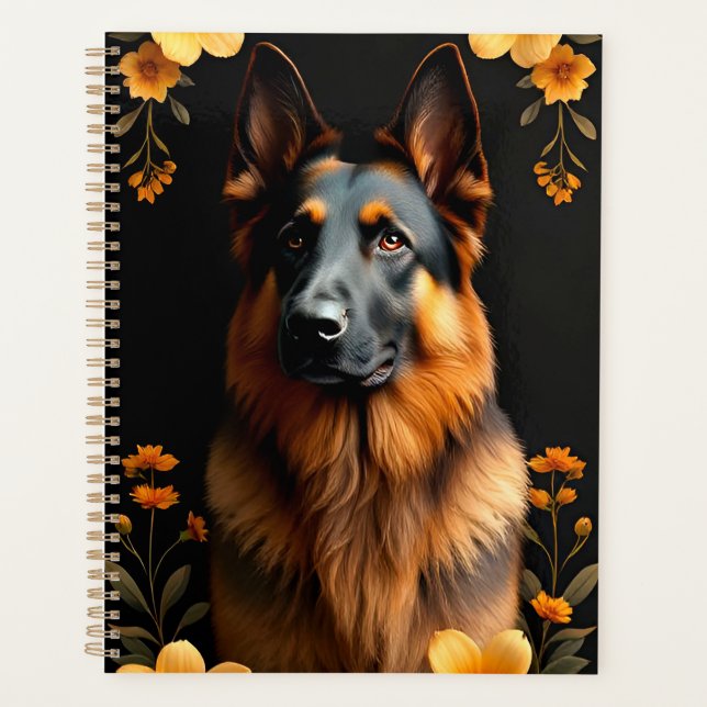 German Shepherd dog Surrounded by Vibrant Flowers Planner (Front)