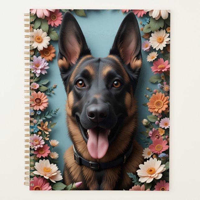German Shepherd dog Surrounded by Vibrant Flowers Planner (Front)
