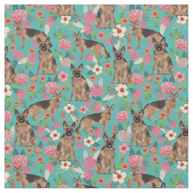 German Shepherd dog vintage florals turquoise Fabric (Close Up)