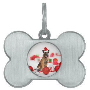 German Shepherd dog w Christmas Gifts Santa Hat Pet Tag