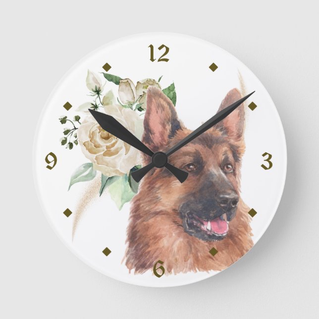 German Shepherd Dog White Rose Bouquet Round Clock (Front)