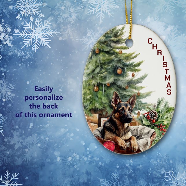 German Shepherd Dog Wicker Basket Christmas Ceramic Tree Decoration (Creator Uploaded)
