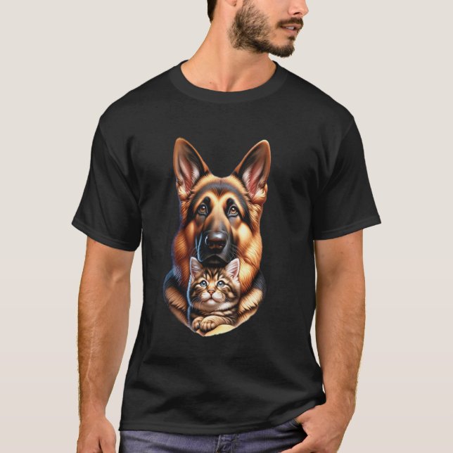 German Shepherd Dog with Cat Pet Design T-Shirt (Front)