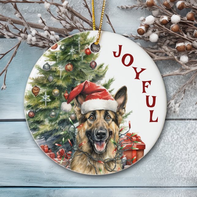German Shepherd Dog Wrapped in Christmas Lights Ceramic Tree Decoration (Creator Uploaded)