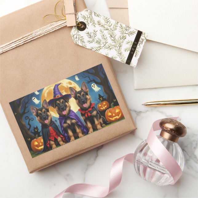German Shepherd Dogs Pumpkin Halloween Funny Rectangular Sticker (Gifting)