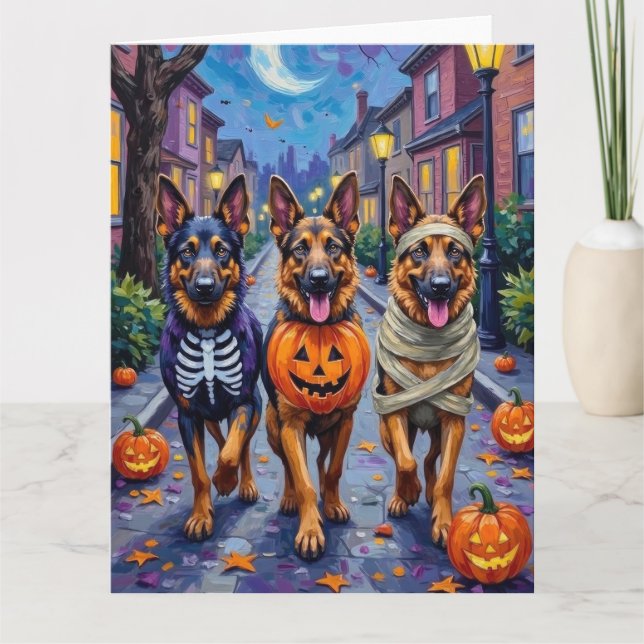 German Shepherd Dogs Trick-or-Treating Halloween Card (Front)