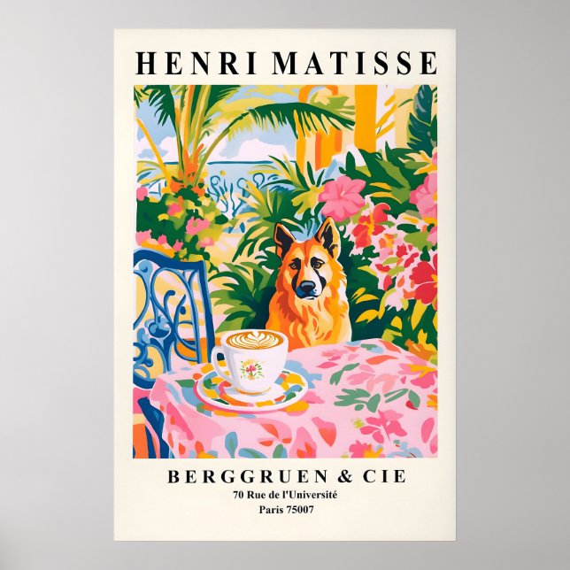 German Shepherd Dronking Coffee Art Print Matisse (Front)