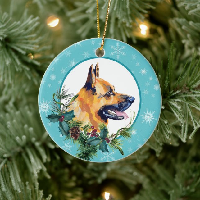 German Shepherd Evergreen Blue Snowflake Border Ceramic Tree Decoration (Tree)