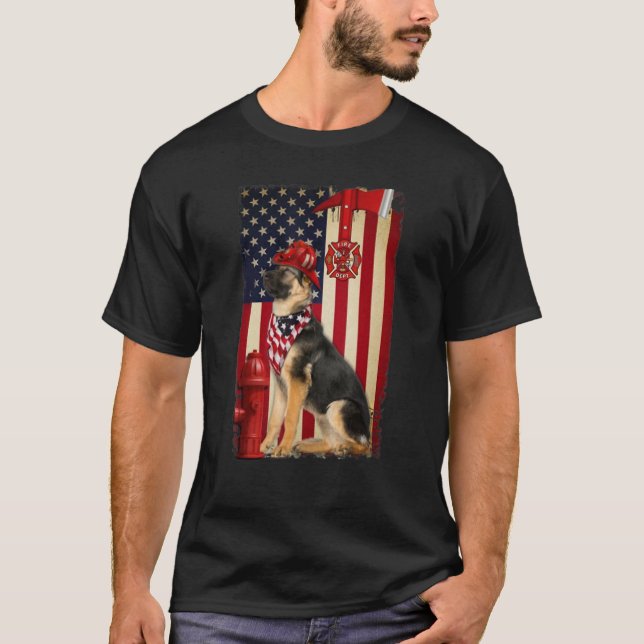 German Shepherd Firefighter American Flag T-Shirt (Front)