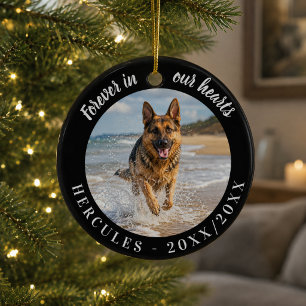 German Shepherd Forever Heart Black Memorial Photo Ceramic Tree Decoration