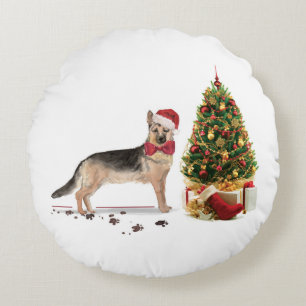 German Shepherd Funny Christmas Dog with Tree Round Cushion