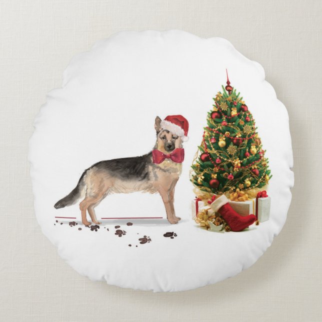 German Shepherd Funny Christmas Dog with Tree Round Cushion (Front)