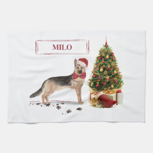 German Shepherd Funny Christmas Dog with Tree Tea Towel
