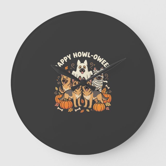 German Shepherd Ghost Halloween Howl-Oween Design_ Large Clock (Front)