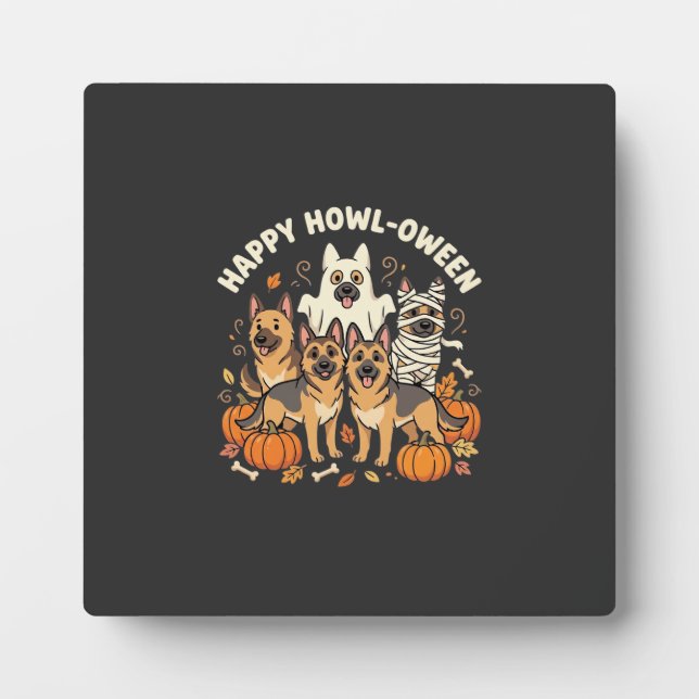 German Shepherd Ghost Halloween Howl-Oween Design_ Plaque (Front)