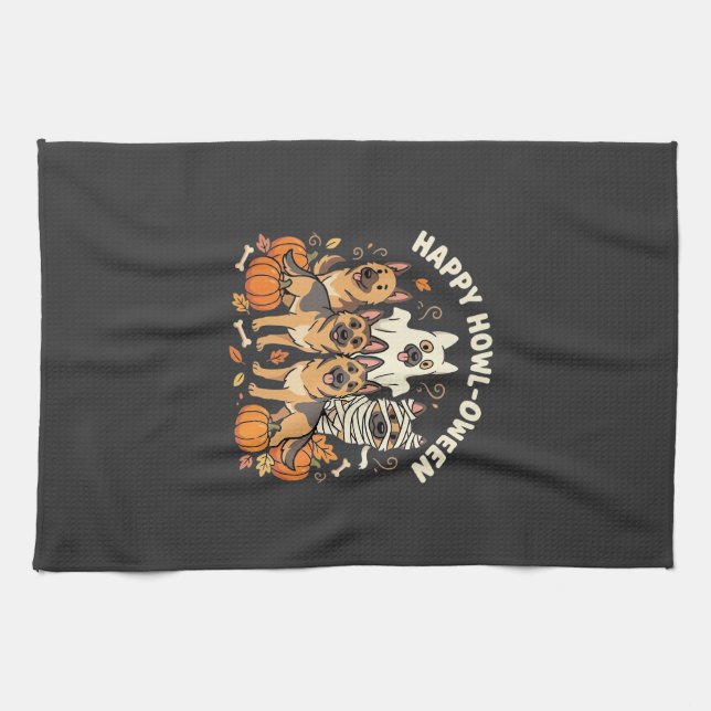 German Shepherd Ghost Halloween Howl-Oween Design_ Tea Towel (Horizontal)
