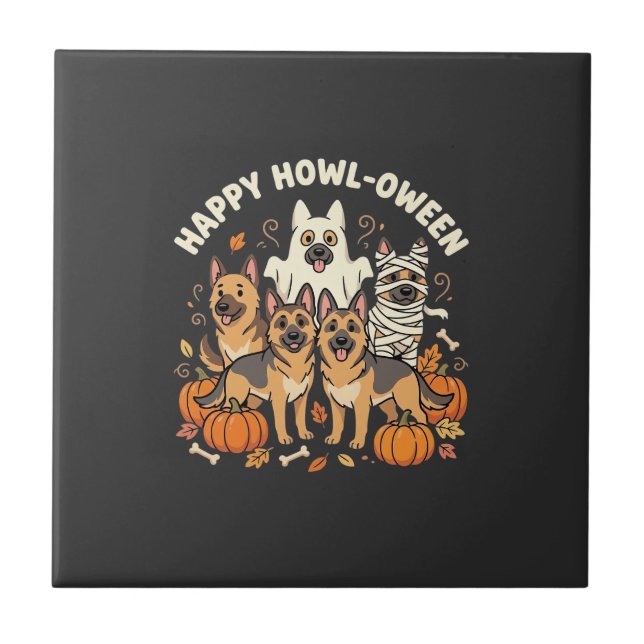 German Shepherd Ghost Halloween Howl-Oween Design_ Tile (Front)