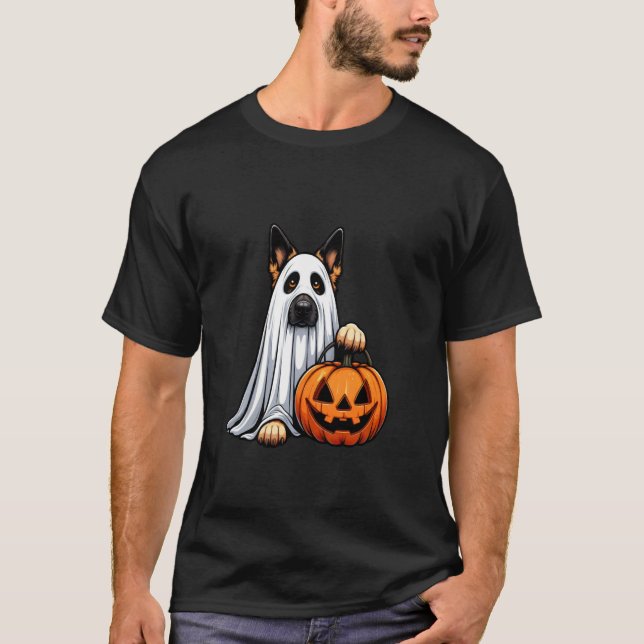 German Shepherd Ghost Pumpkin Halloween Fall Costu T-Shirt (Front)