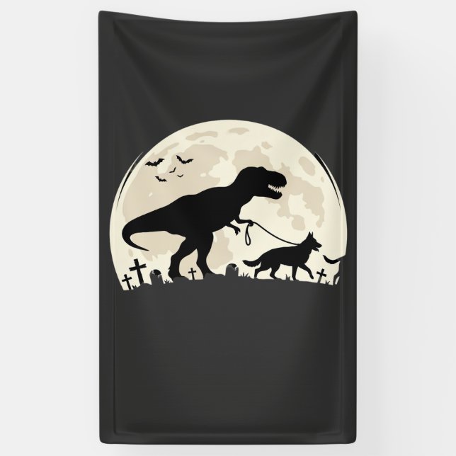 German Shepherd Halloween Dinosaur Moon Silhouette Banner (Vertical)