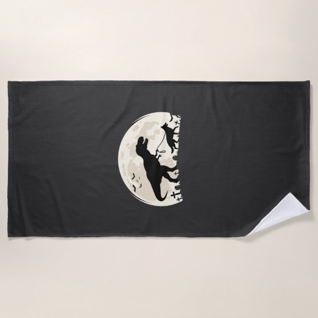 German Shepherd Halloween Dinosaur Moon Silhouette Beach Towel (Front)