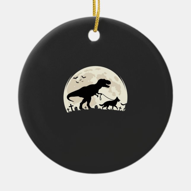 German Shepherd Halloween Dinosaur Moon Silhouette Ceramic Tree Decoration (Front)