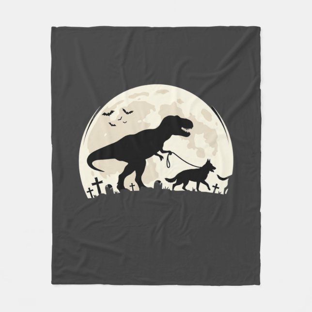 German Shepherd Halloween Dinosaur Moon Silhouette Fleece Blanket (Front)